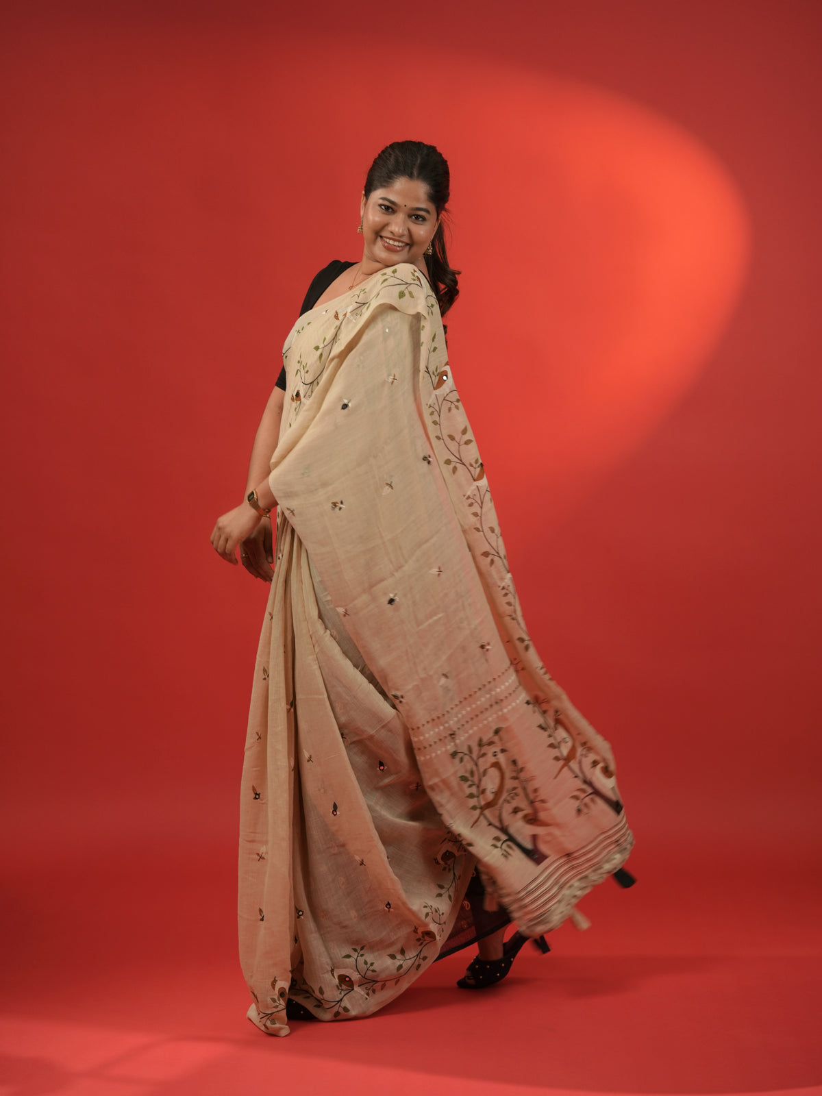Jute Cotton Saree Beige with Print