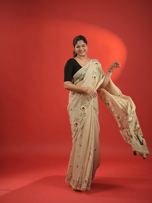 Jute Cotton Saree Beige with Print