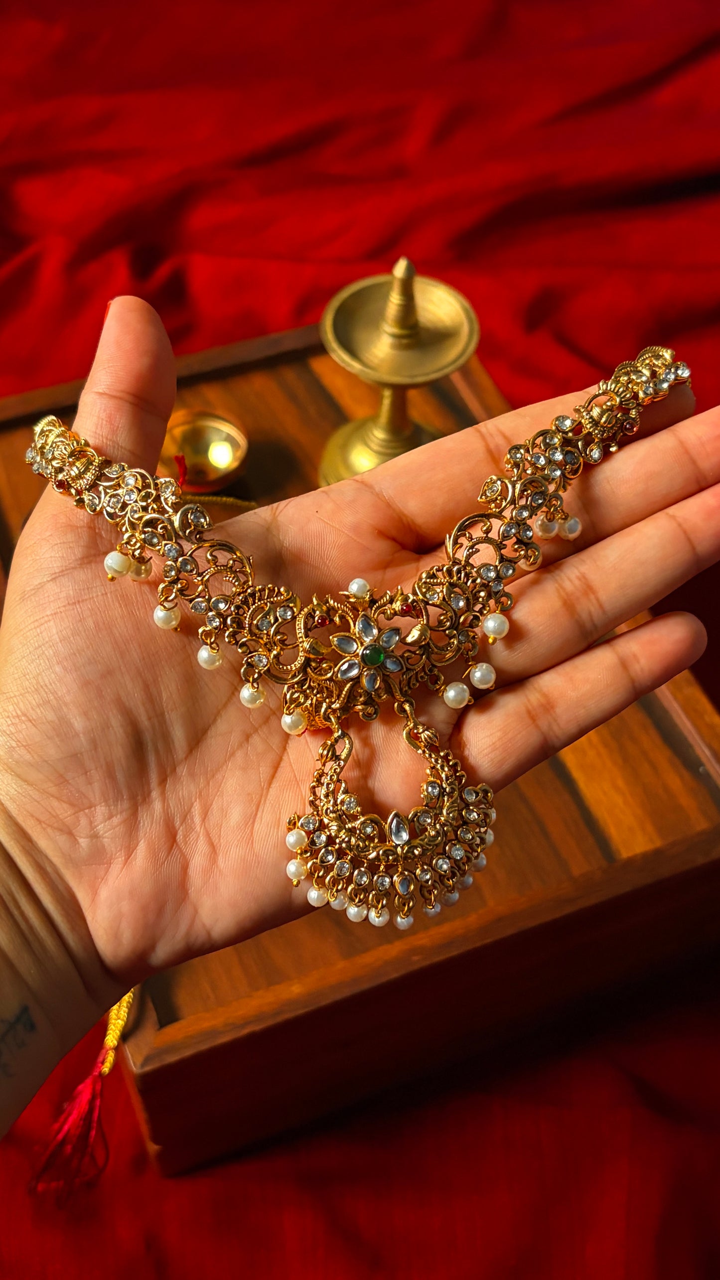 Kundan Stone-Studded Peacock& Jhumka Pendant Necklace