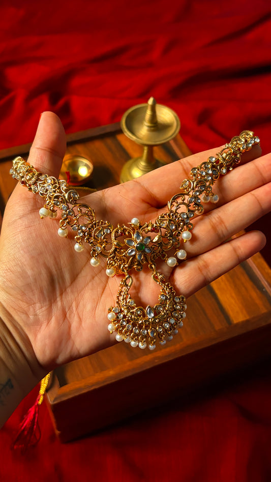 Kundan Stone-Studded Peacock& Jhumka Pendant Necklace