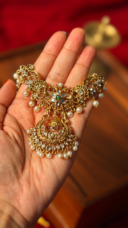 Kundan Stone-Studded Peacock& Jhumka Pendant Necklace