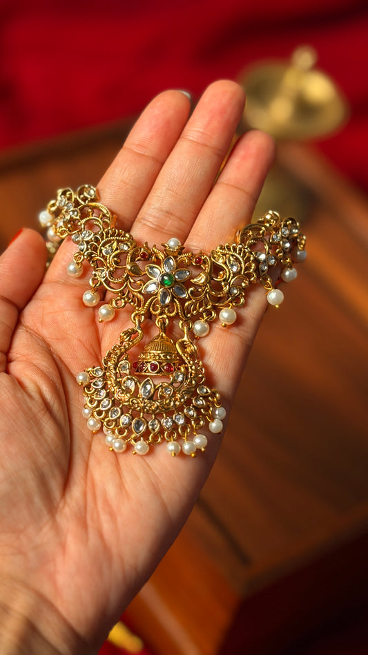 Kundan Stone-Studded Peacock& Jhumka Pendant Necklace