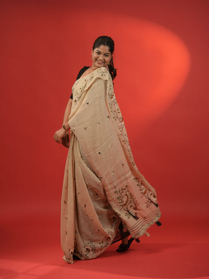 Jute Cotton Saree Beige with Print