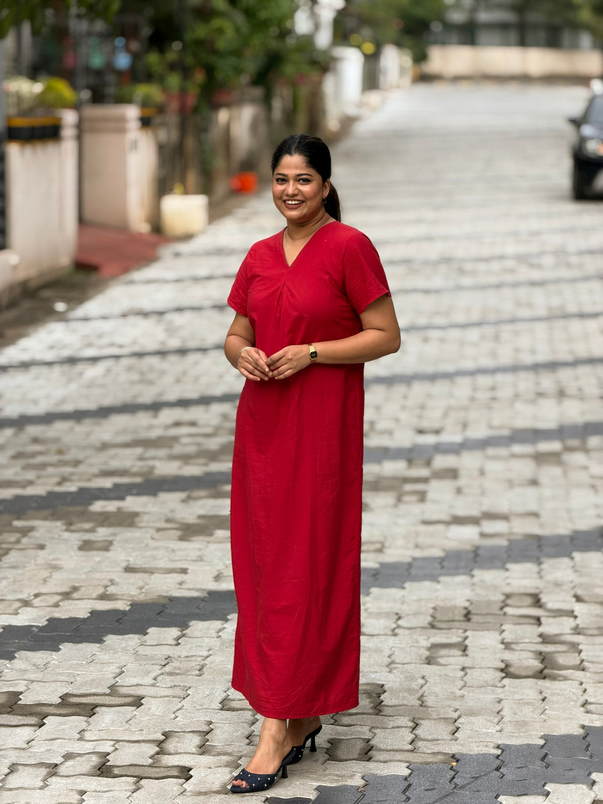 V-Neck Red Maxi Dress
