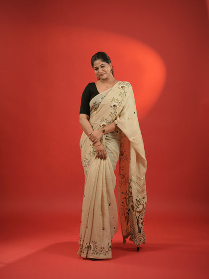 Jute Cotton Saree Beige with Print