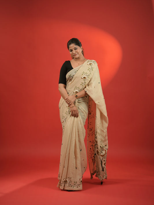 Jute Cotton Saree Beige with Print