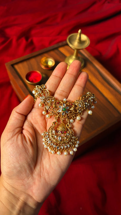 Kundan Stone-Studded Peacock& Jhumka Pendant Necklace