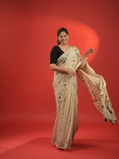Jute Cotton Saree Beige with Print