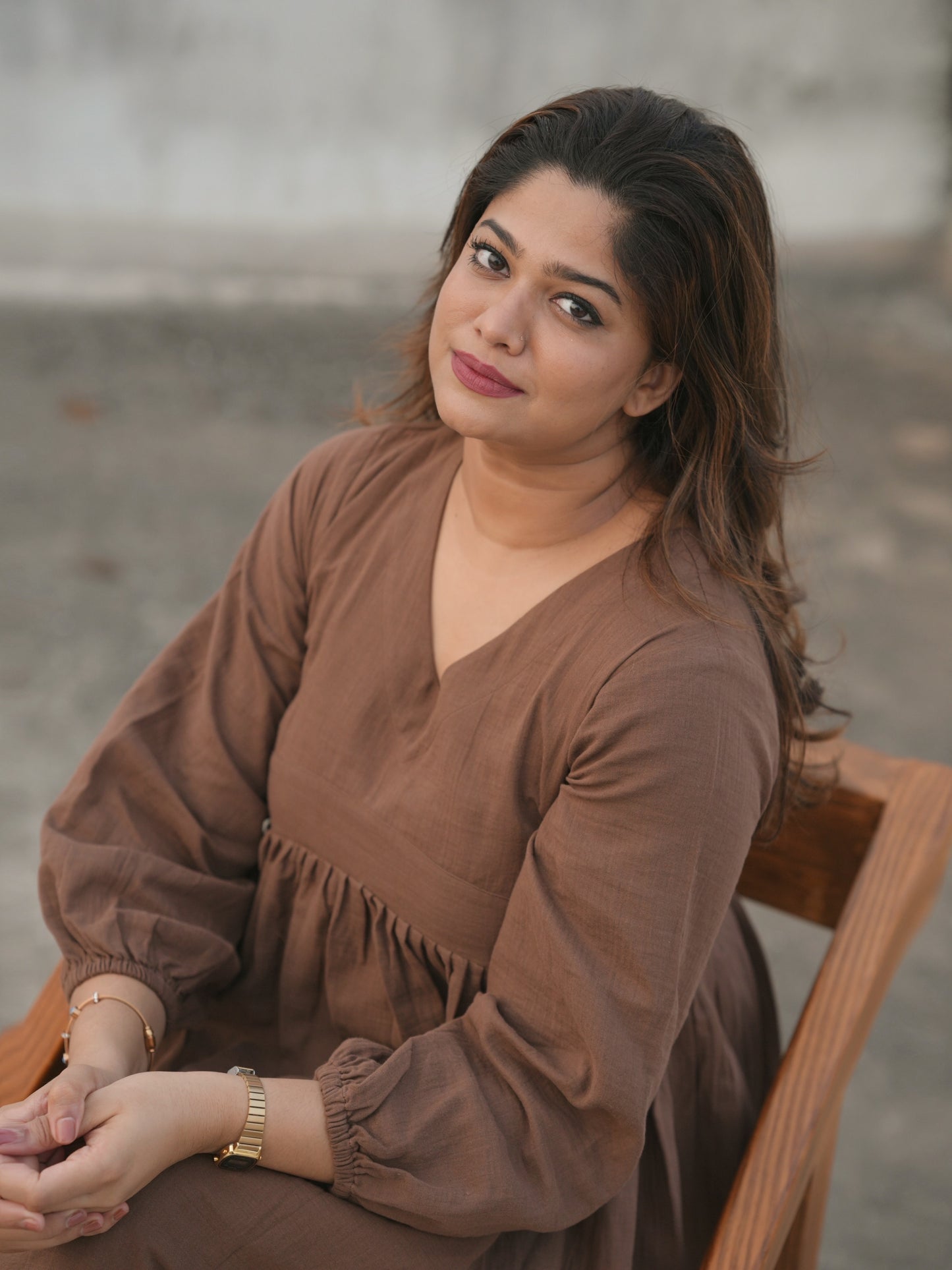 V-Neck Short Brown Dress