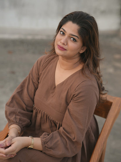 V-Neck Short Brown Dress