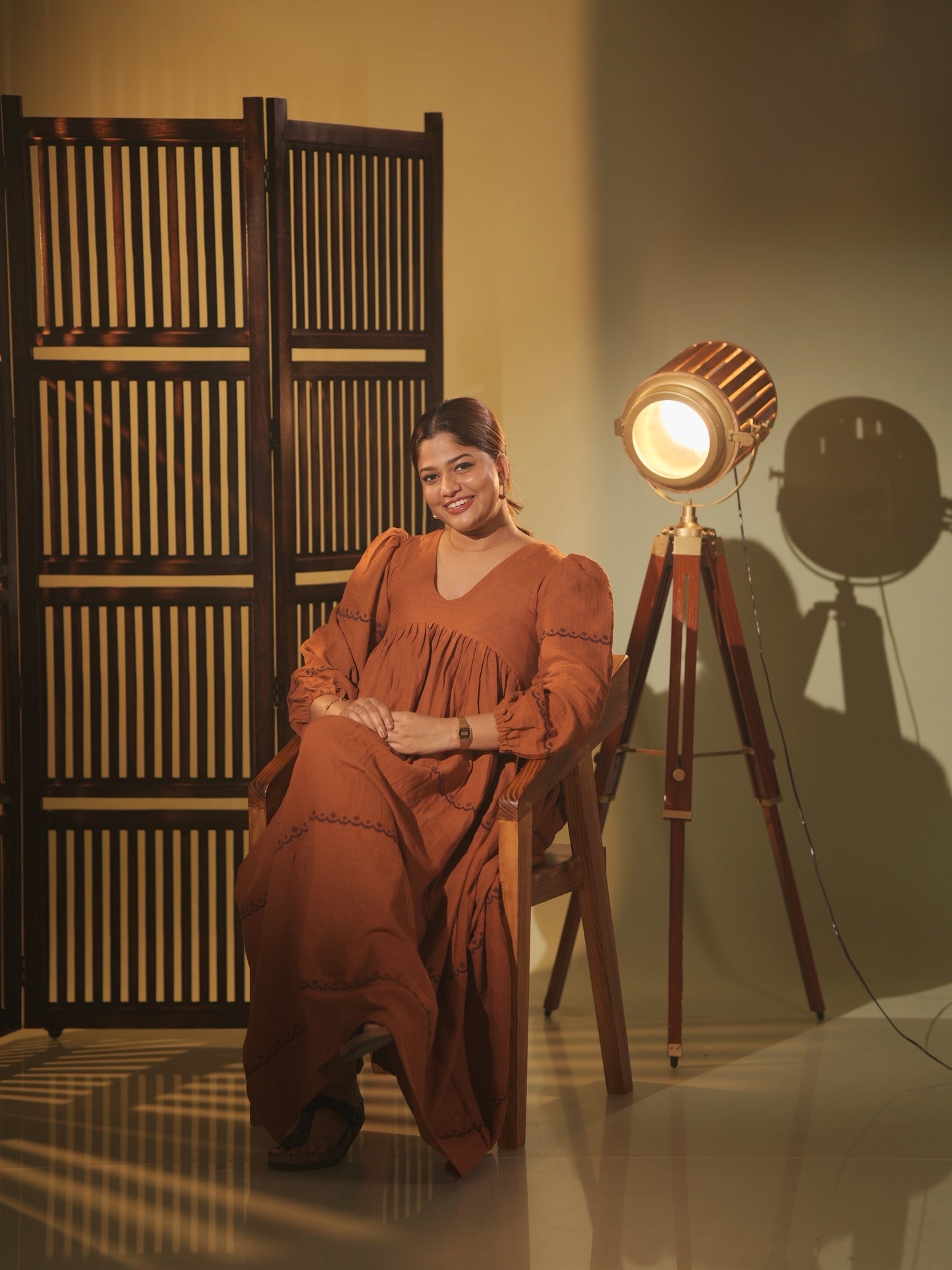 Brick Tone V-neck Full-Length Dress