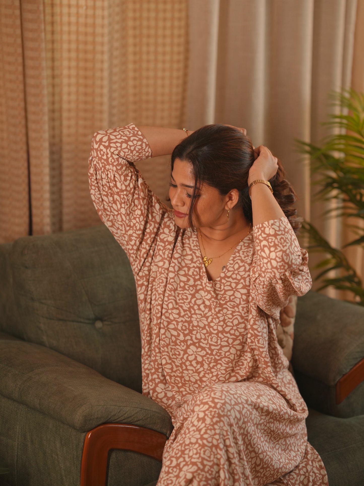 Beige Floral Oversized Dress