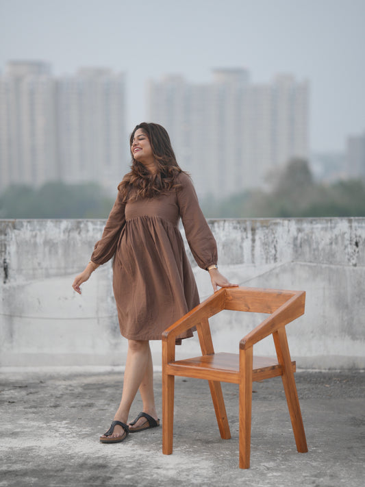 V-Neck Short Brown Dress