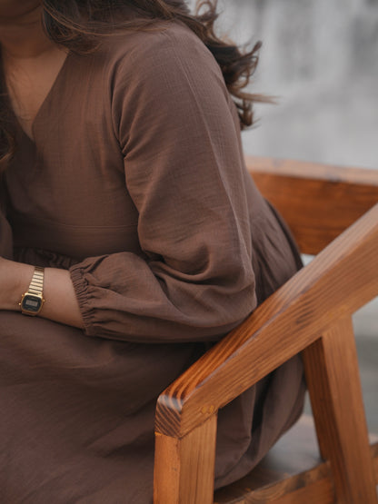 V-Neck Short Brown Dress