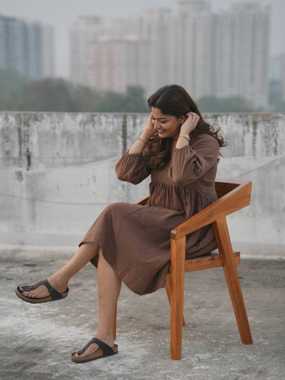 V-Neck Short Brown Dress