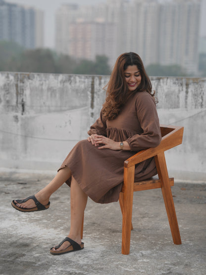 V-Neck Short Brown Dress