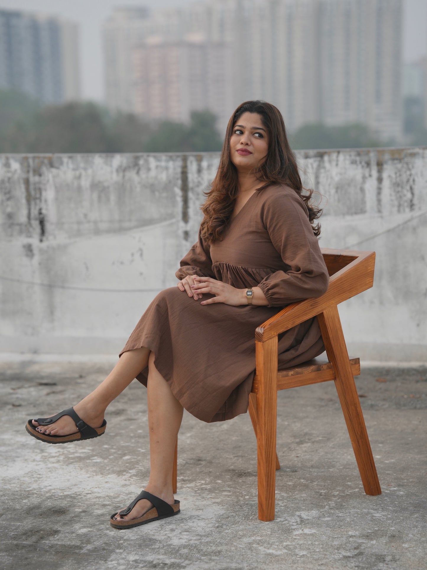 V-Neck Short Brown Dress